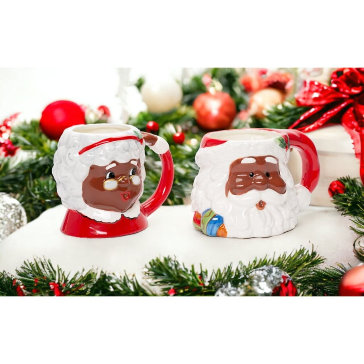 African American Santa And Mrs Claus Ceramic Mug Pair 16Oz 14Oz